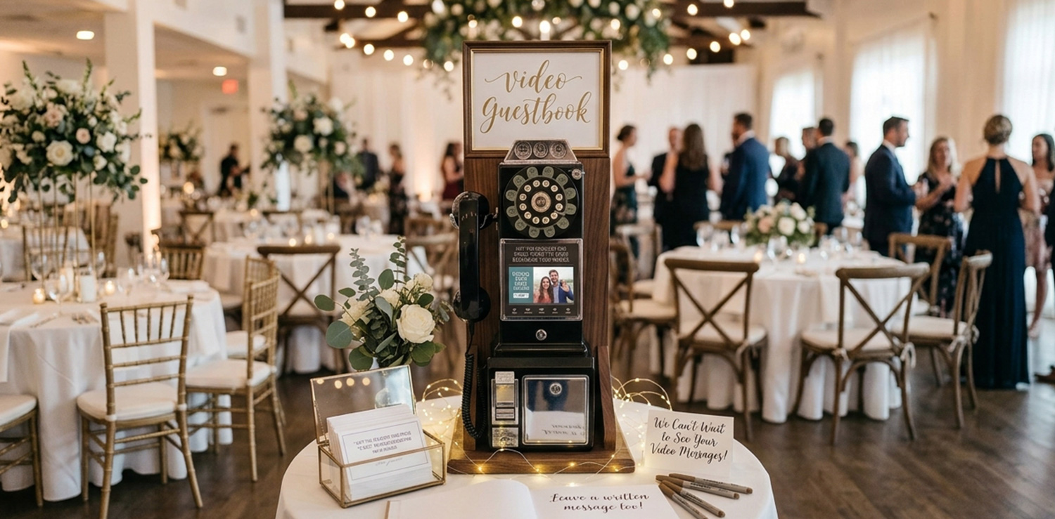Vintage phone video guestbook at a wedding reception