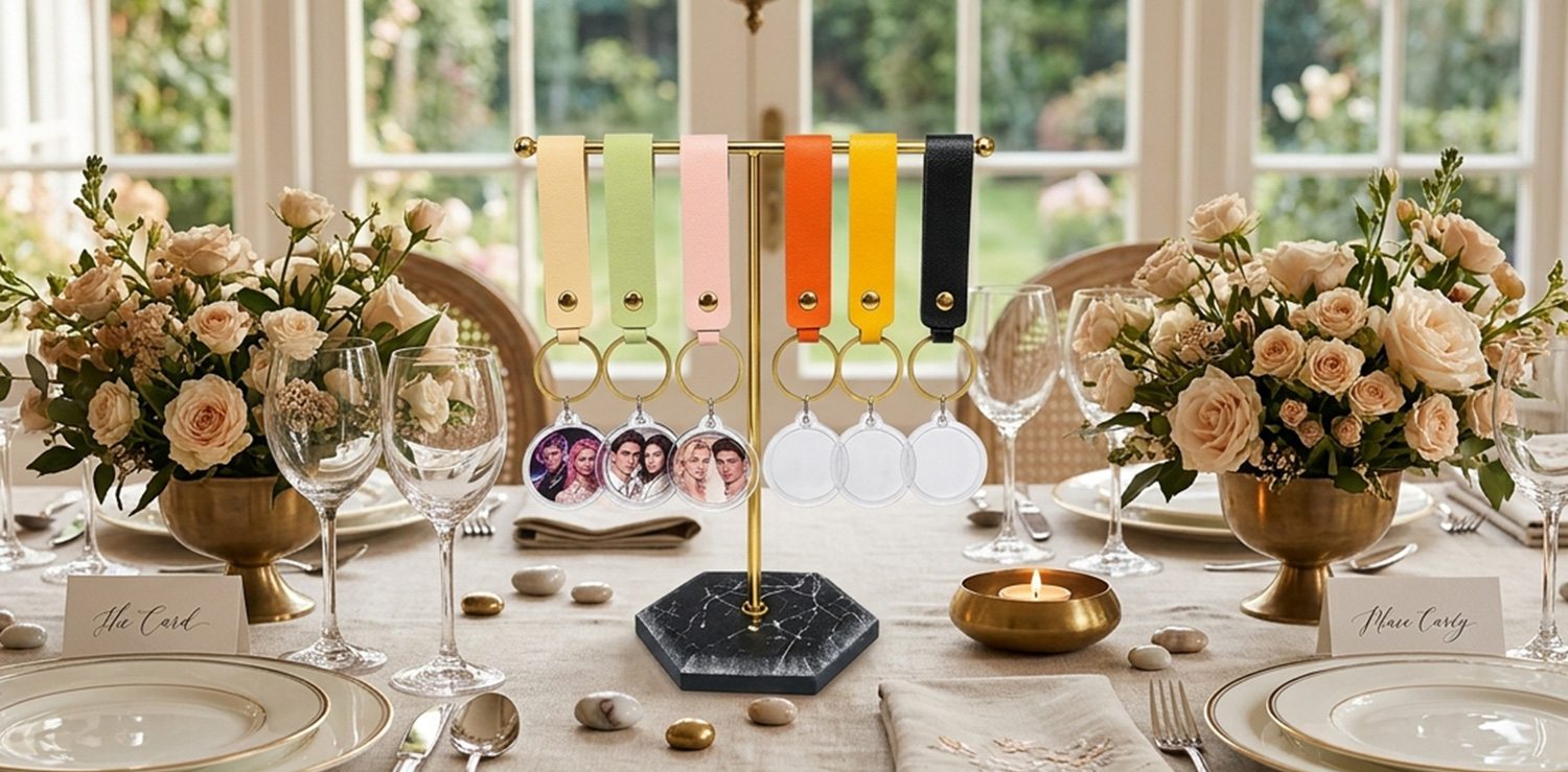 Custom photo keychains displayed on a table